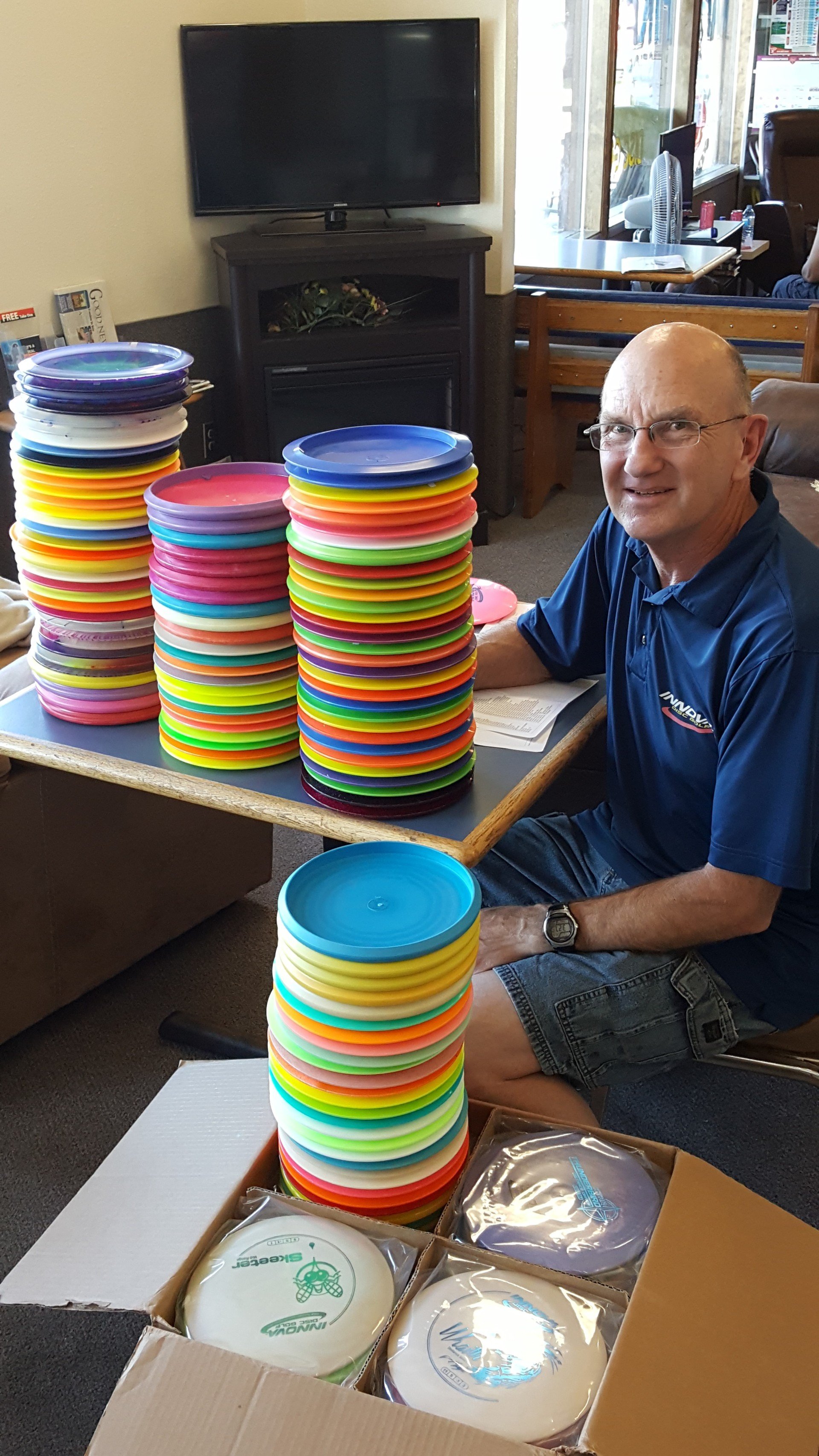 Jack with a stack of discs